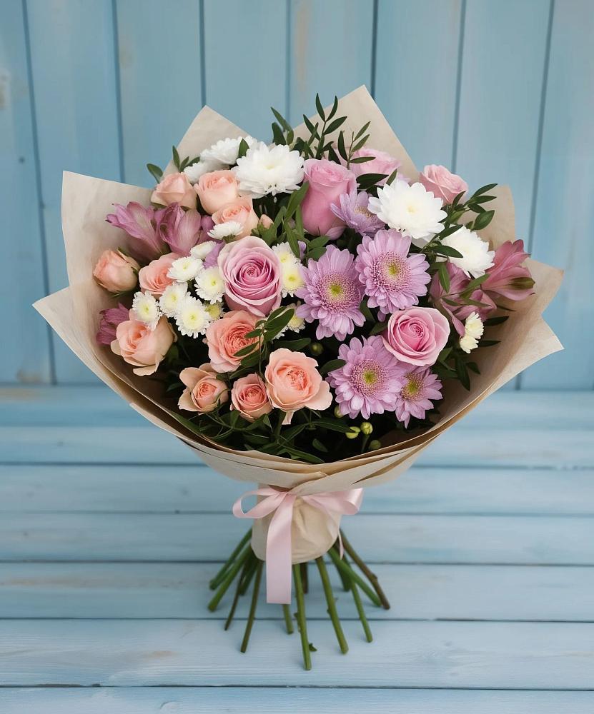 Букет цветов из: Хризантемы, Розы и Альстромерии в Новокубанске