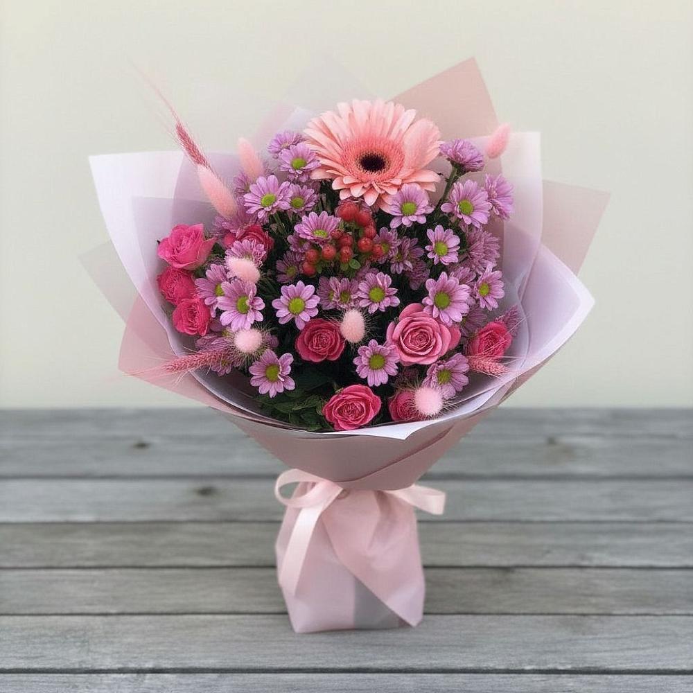 Букет цветов из: Розы, Герберы и Хризантемы в Новокубанске