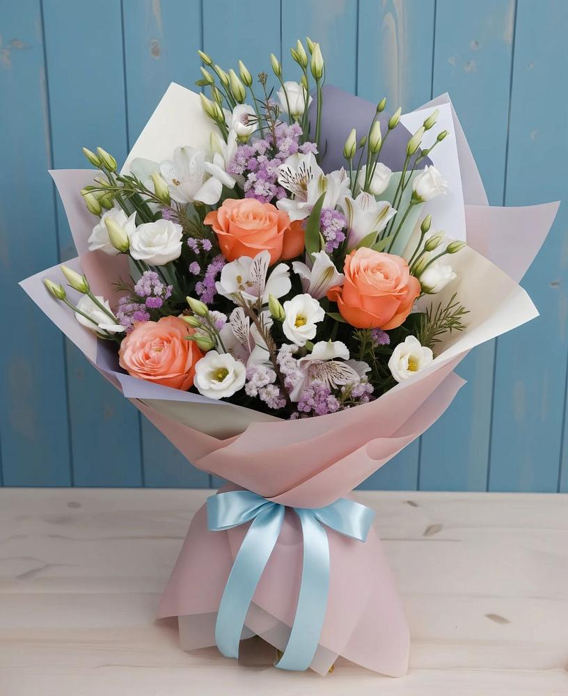 Букет цветов из: Лизиантусы, Розы, Альстромерии и Гипсофила в Новокубанске