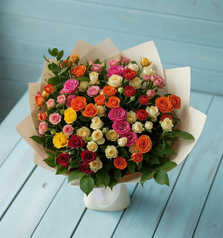 Букет Микс из разноцветных кустовых роз в Новокубанске