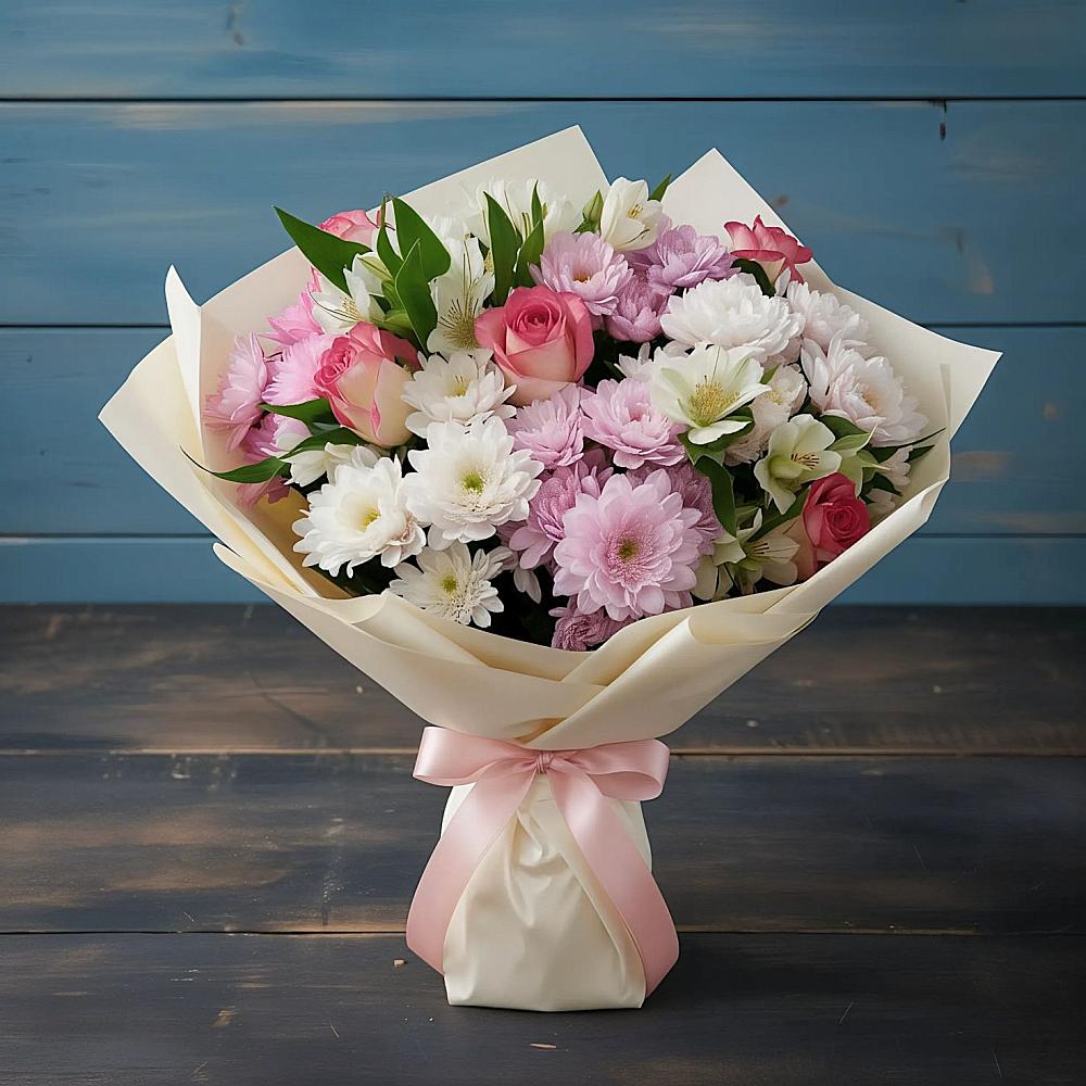 Букет цветов из: Хризантемы, Альстромерии и Розы в Новокубанске